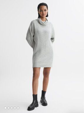 Reiss Oversized Wool Blend Cowl Neck Mini Dress in Soft Grey - Size S
